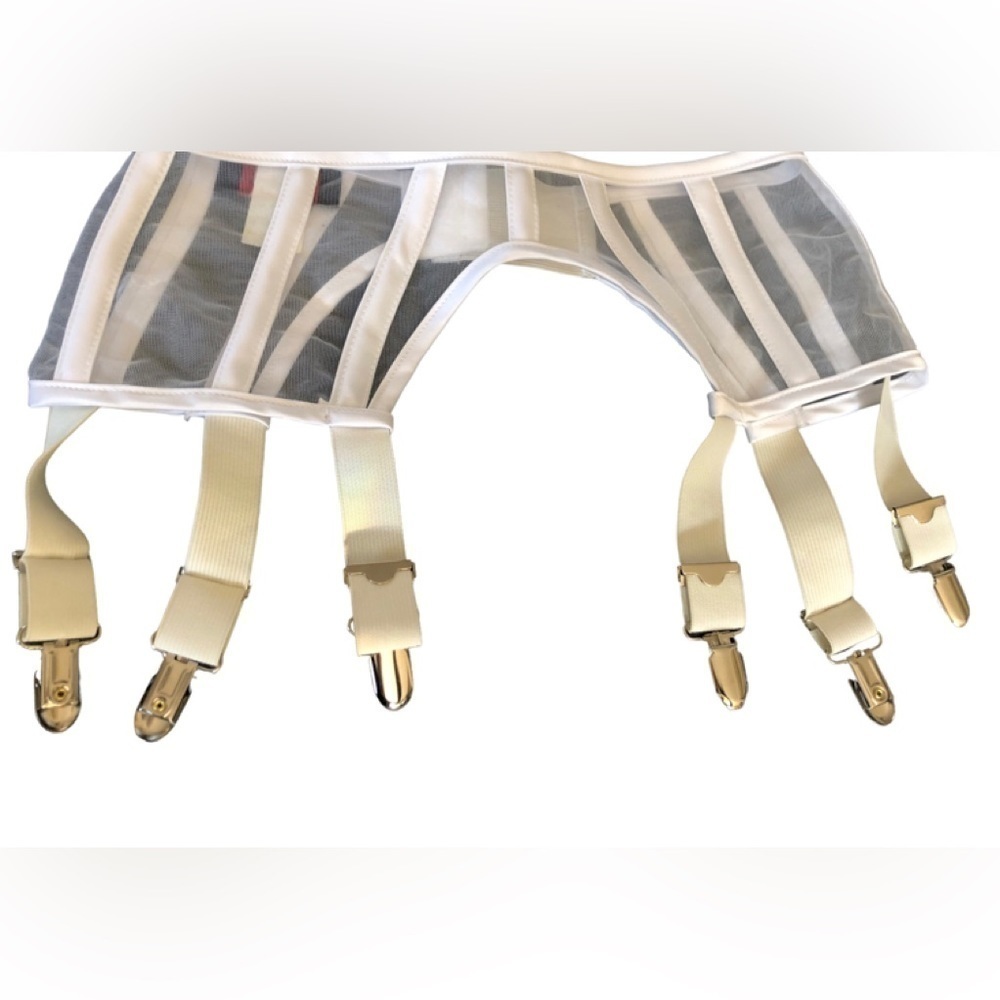 HOSS International French Pin~Up White Mesh Garter Belt Hook Eye Fifty Shades